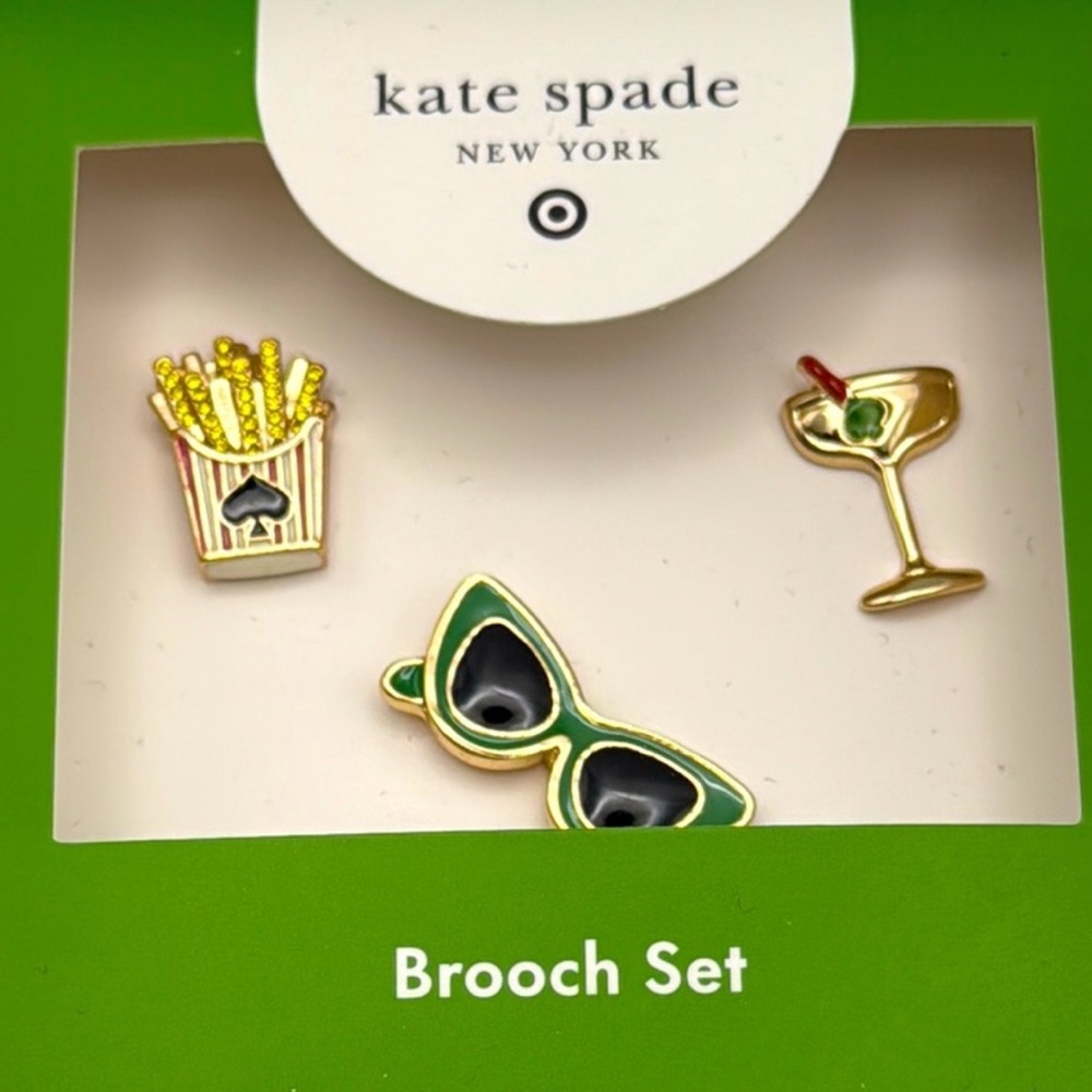 Kate Spade X Target Brooch Set, New in box, French fries, sunglasses & cocktail